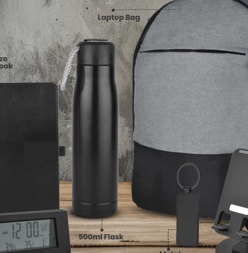 CGS 84 Laptop Bag, A5 Notebook, Flask, Digital Clock, Mobile Holder, Keychain & Metal Pen Gift Set