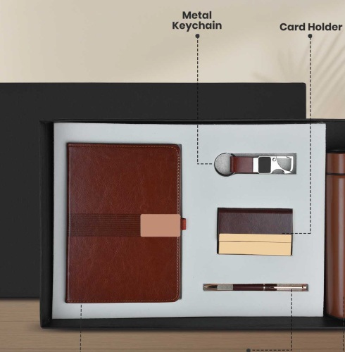 CGS 75 A5 Notebook, Metal Pen, Metal Keychain, Card Holder & 500ml Flask Gift Set