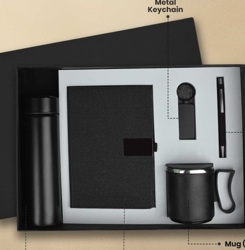 CGS 76 A5 Notebook, Metallic Pen, Metal Keychain, 500ml Temperature Display Flask & 300ml Mug Gift Set