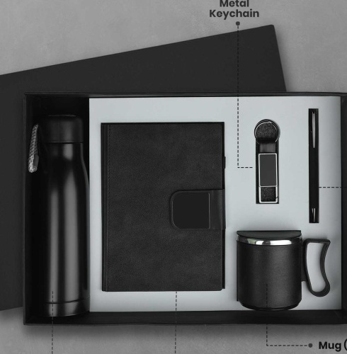 CGS 77 A5 Notebook, Metallic Pen, Metal Keychain, 500ml Temperature Display Flask & 300ml Mug Gift Set