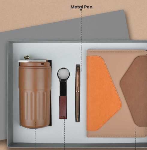 CGS 81 A5 Notebook, Metal Pen, Metal Keychain & Temperature Display Flask Gift Set