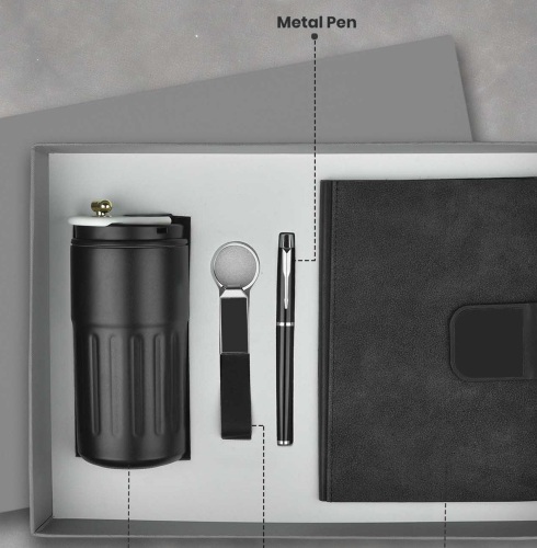 CGS 78 A5 Notebook, Metal Pen, Metal Keychain & Temperature Display Flask Gift Set